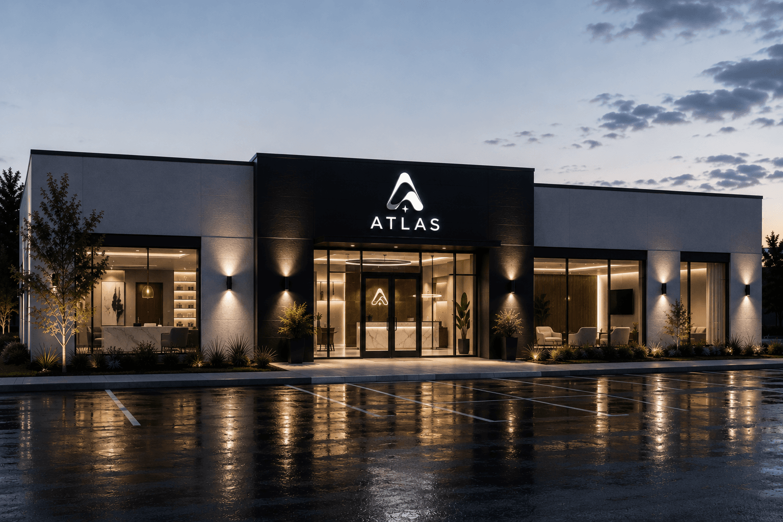 Atlas Health flagship clinic exterior at dusk