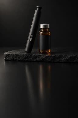 A matte black auto-injector pen and an amber vial on slate